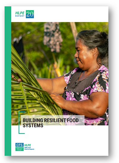 cover of HLPE report, Building Resilient Food Systems, showing a woman working outside in an agricultural setting.